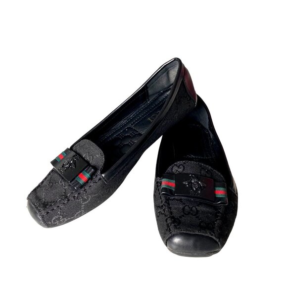 Gucci Black Canvas Leather Loafers Bow with Bees Women's Sz 39 Designer Luxury - Picture 6 of 13